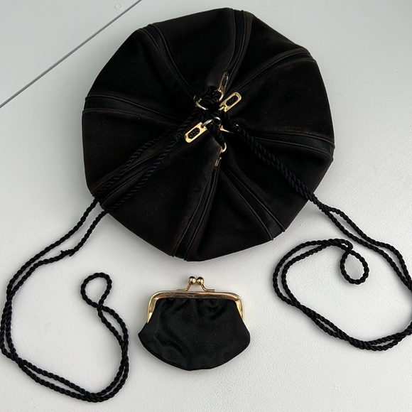 Judith Leiber Drawstring Puff Evening Bag~Black Suede Leather w/ Black Crystals - Picture 6 of 8